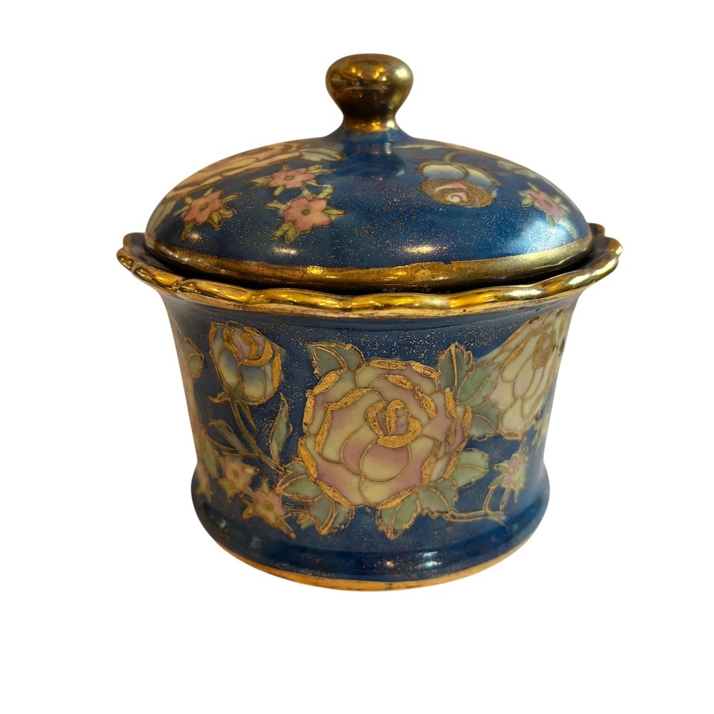 Antique Nippon Hand Painted Blue Moriage Floral Covered Powder Jar - Picture 2 of 7
